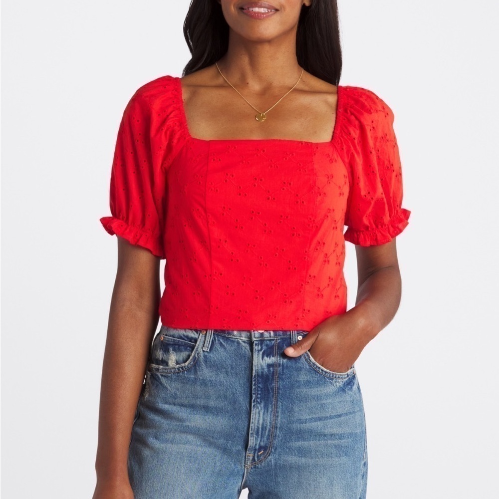 Back Tie Eyelet Puff Sleeve Crop Top